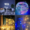 Three images showing battery-powered fairy lights in various decorative contexts and glow modes.