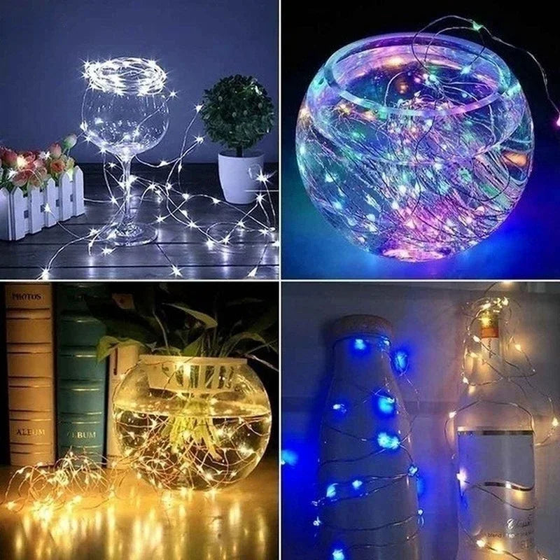 Three images showing battery-powered fairy lights in various decorative contexts and glow modes.