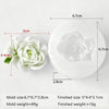 A white silicone mold with a flower design, showing the finished size and weight specifications.