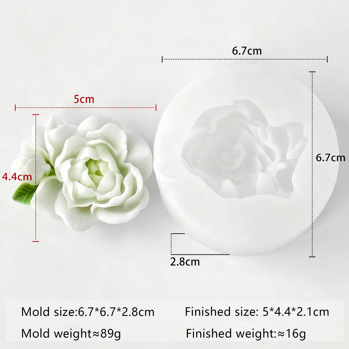 A white silicone mold with a flower design, showing the finished size and weight specifications.