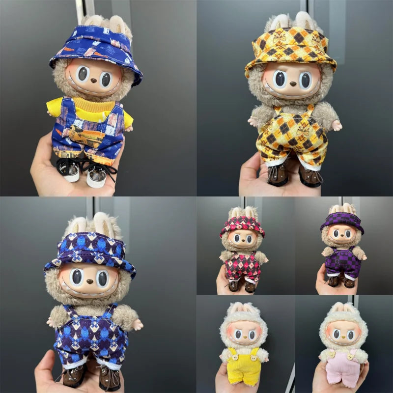 A collection of Labubu dolls wearing various casual outfits and accessories.