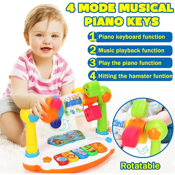 A toddler is playing a colorful musical piano toy with various functions like keyboard, playback, and hitting the hamster fun