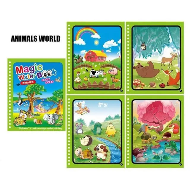 A set of six illustrated pages from a reusable water drawing book featuring animals and nature scenes.