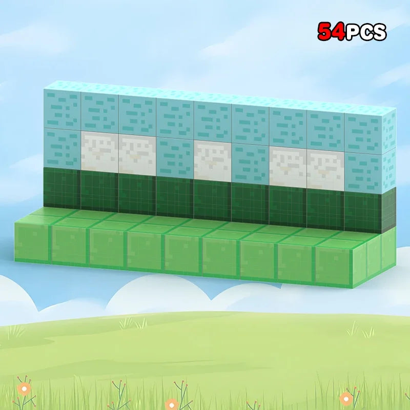 A rectangular set of 54 magnetic building blocks in shades of green and light blue stacked on a green base against a sky back