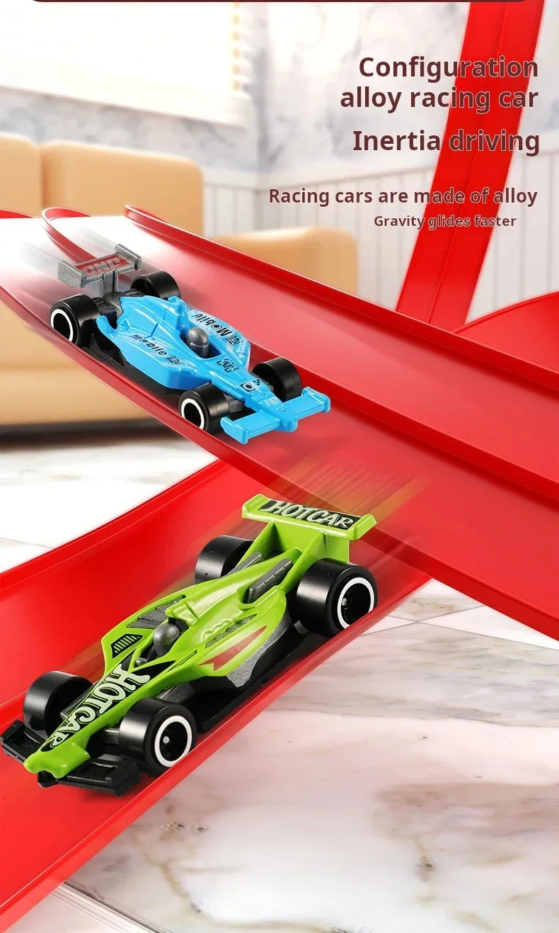 A blue and green alloy racing car is shown on a red track, demonstrating inertia driving.