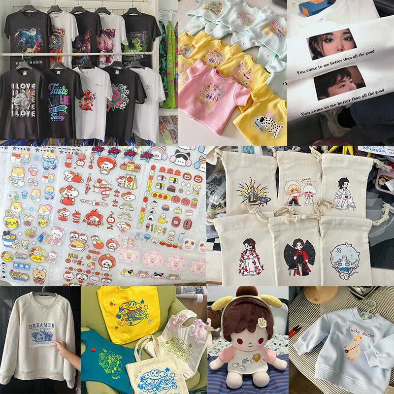 A collection of custom iron-on heat transfer stickers and patches for DIY clothing on various garments.