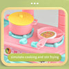 A pink mini pretend play kitchen set featuring a pot and frying pan for simulating cooking and stir-frying.