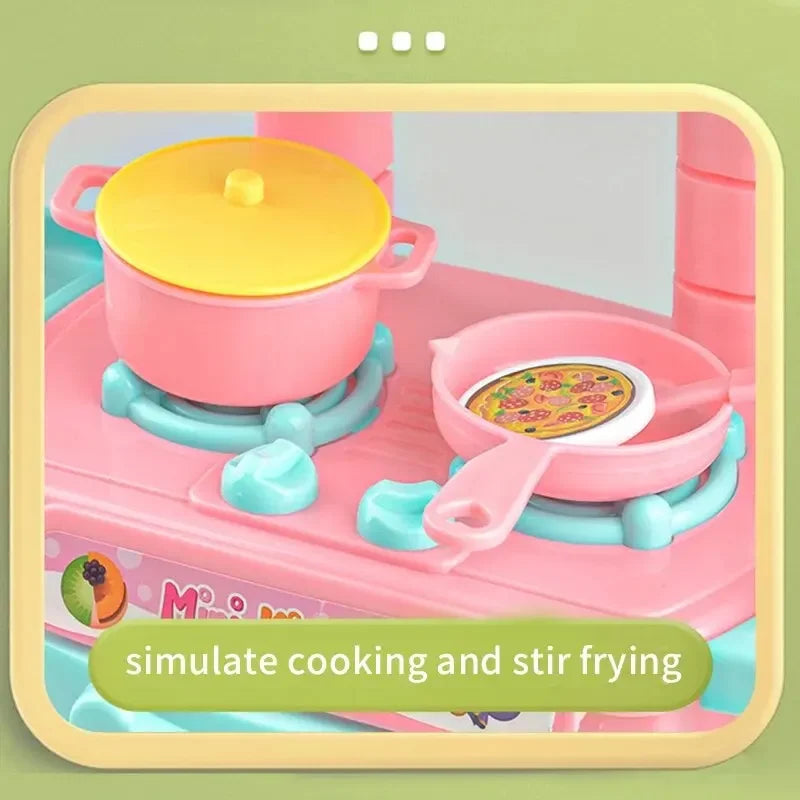 A pink mini pretend play kitchen set featuring a pot and frying pan for simulating cooking and stir-frying.