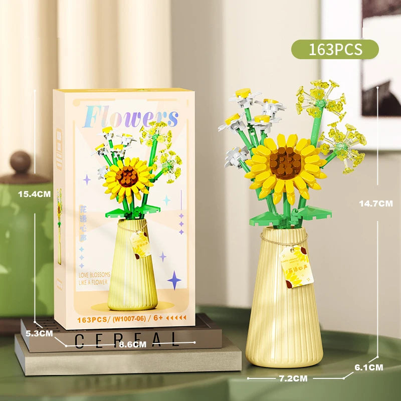A set of 163 flower bouquet building blocks with a vase featuring yellow sunflowers and greenery for home decor