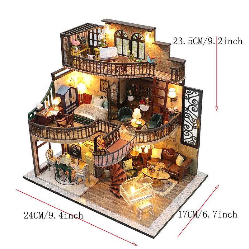 A detailed miniature dollhouse puzzle kit featuring a two-story wooden structure with interior furniture and decorative eleme