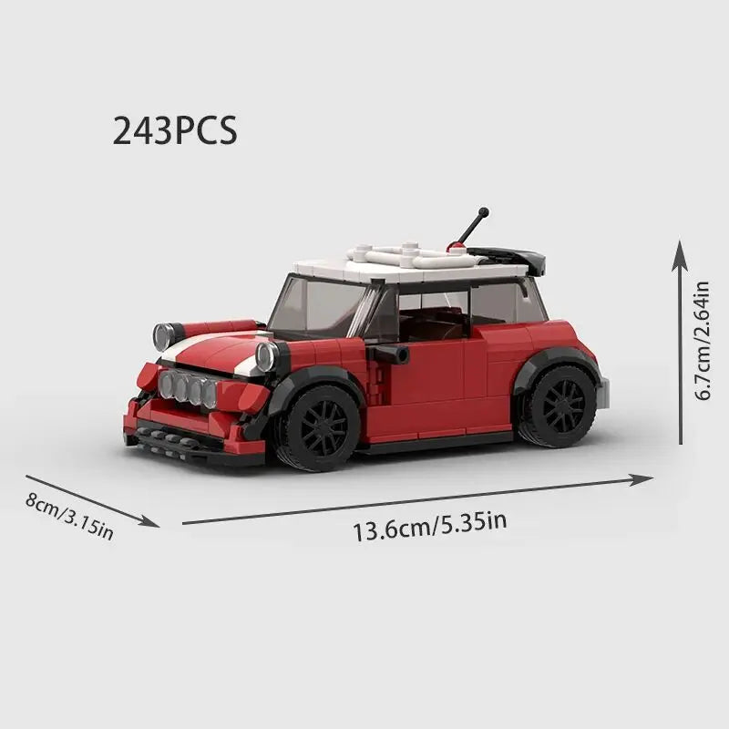 A red classic rally car building block set with a transparent roof and white details.