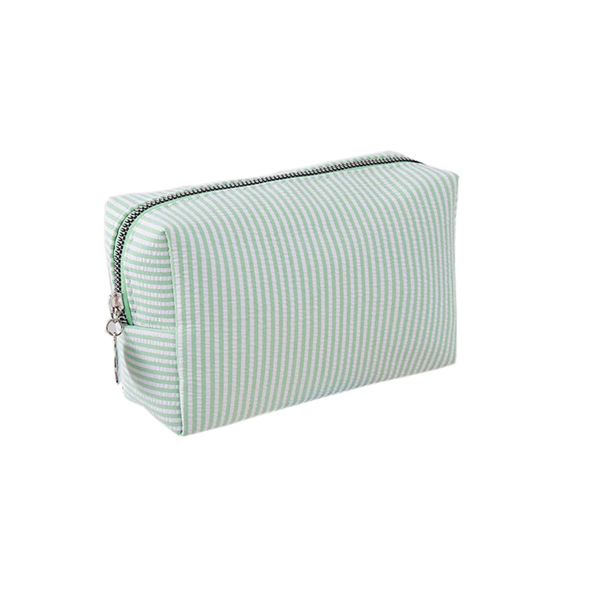 A light green and white striped canvas pencil case with a zipper closure.