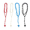 Three handmade knotted rosary necklaces in red, white, and blue with cross charms