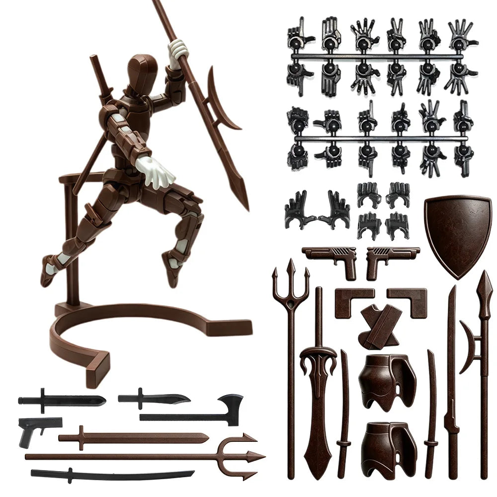A magnetic multi-jointed action figure building set with various parts and a display stand.