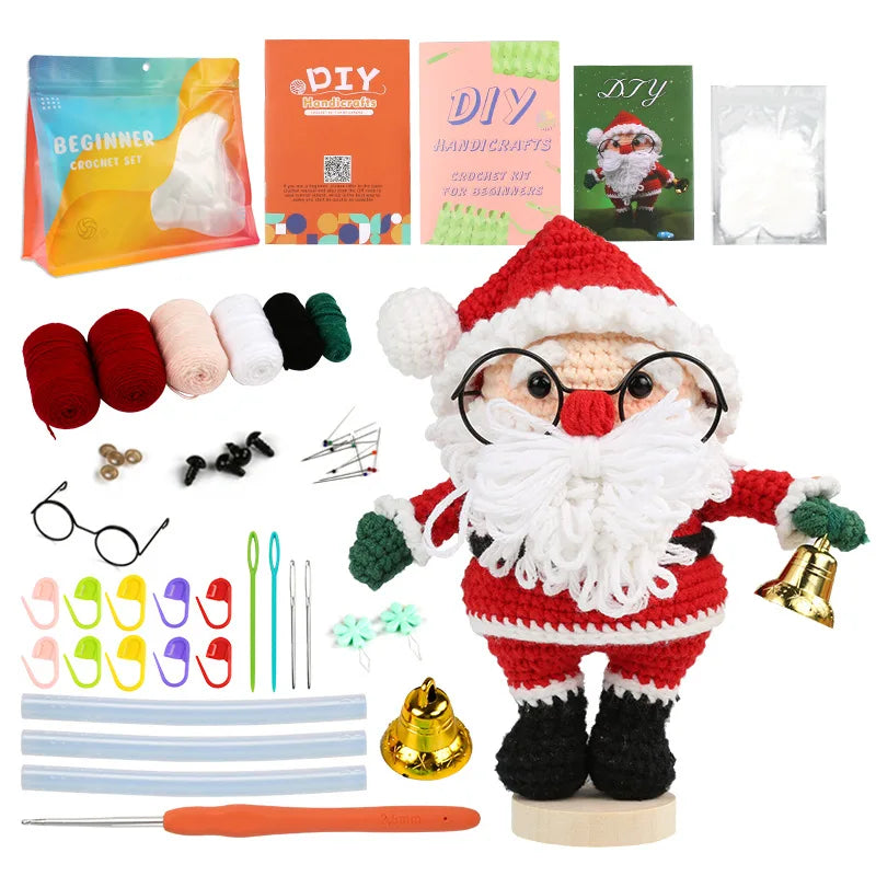A beginner crochet animal kit featuring yarn, tools, and a Santa-themed plush toy.