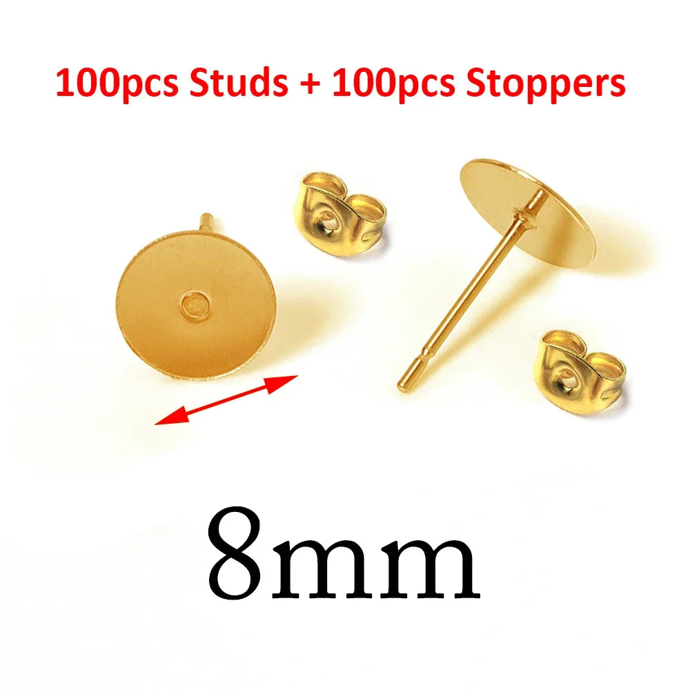 A set of 100 studs and 100 stoppers for DIY jewelry making, measuring 8mm.