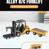 An alloy R/C forklift truck is shown on a white surface, with an added tow board for transporting goods.