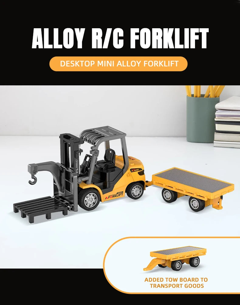 An alloy R/C forklift truck is shown on a white surface, with an added tow board for transporting goods.