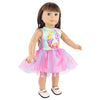 A doll wearing a unicorn themed outfit consisting of a light blue top and a pink tulle skirt.