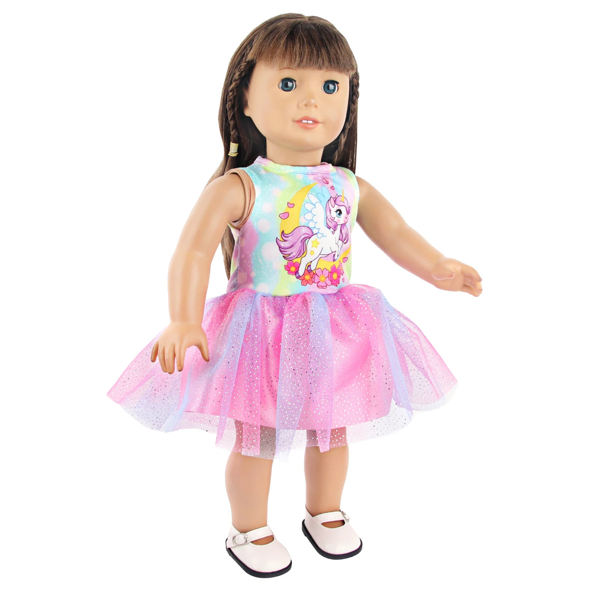 A doll wearing a unicorn themed outfit consisting of a light blue top and a pink tulle skirt.