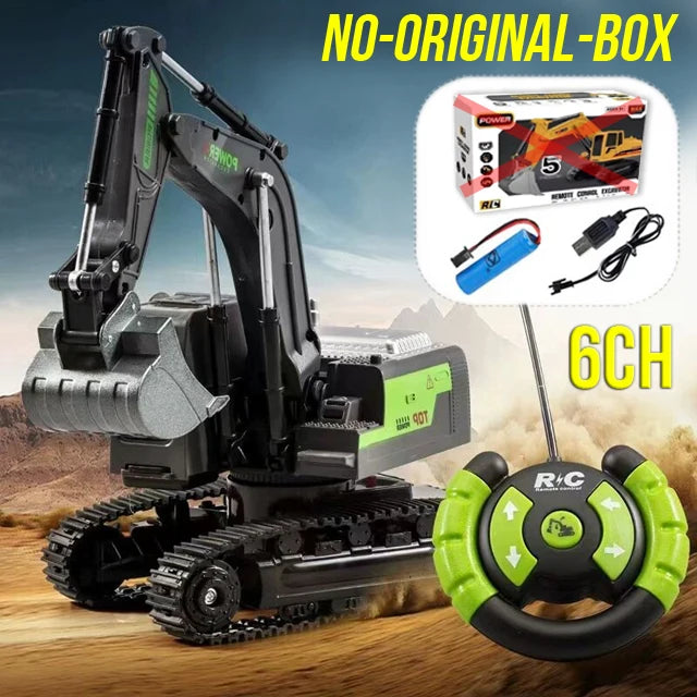 A black and green 1:24 scale remote control excavator with a yellow controller is shown on a wooden surface.