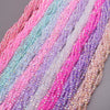 A close-up of multicolored faceted crystal rondelle beads in various shades of pink, purple, and teal.