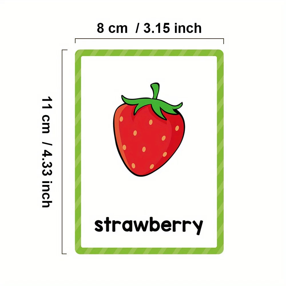 Une carte verte avec une illustration de fraise rouge et le mot fraise.