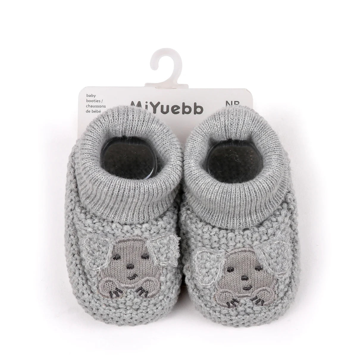 Pair of grey knitted baby booties featuring a cute bunny design