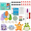 Beginner crochet kit with soft wool yarn and tools for creating adorable animals like frogs and bears.