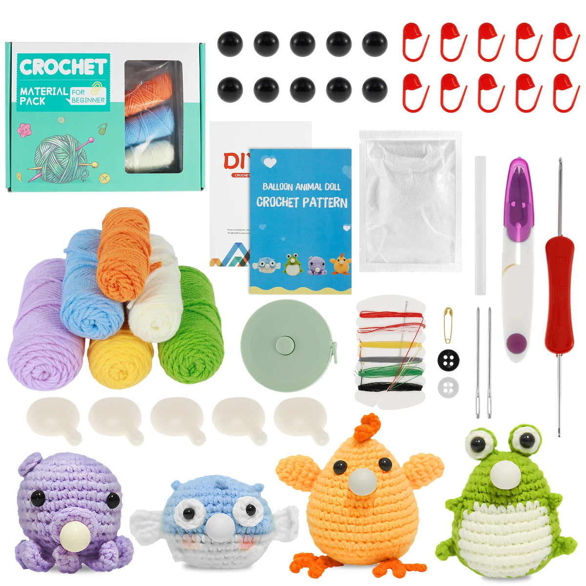 Beginner crochet kit with soft wool yarn and tools for creating adorable animals like frogs and bears.