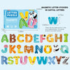 A collection of magnetic letter stickers in capital letters and various animal shapes for a learning puzzle.