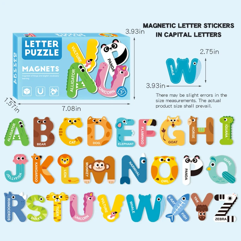 A collection of magnetic letter stickers in capital letters and various animal shapes for a learning puzzle.