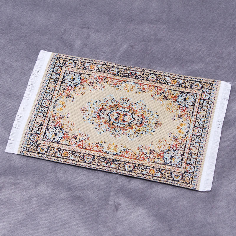 Handwoven Turkish style miniature carpet mat with intricate floral patterns for dollhouse decor