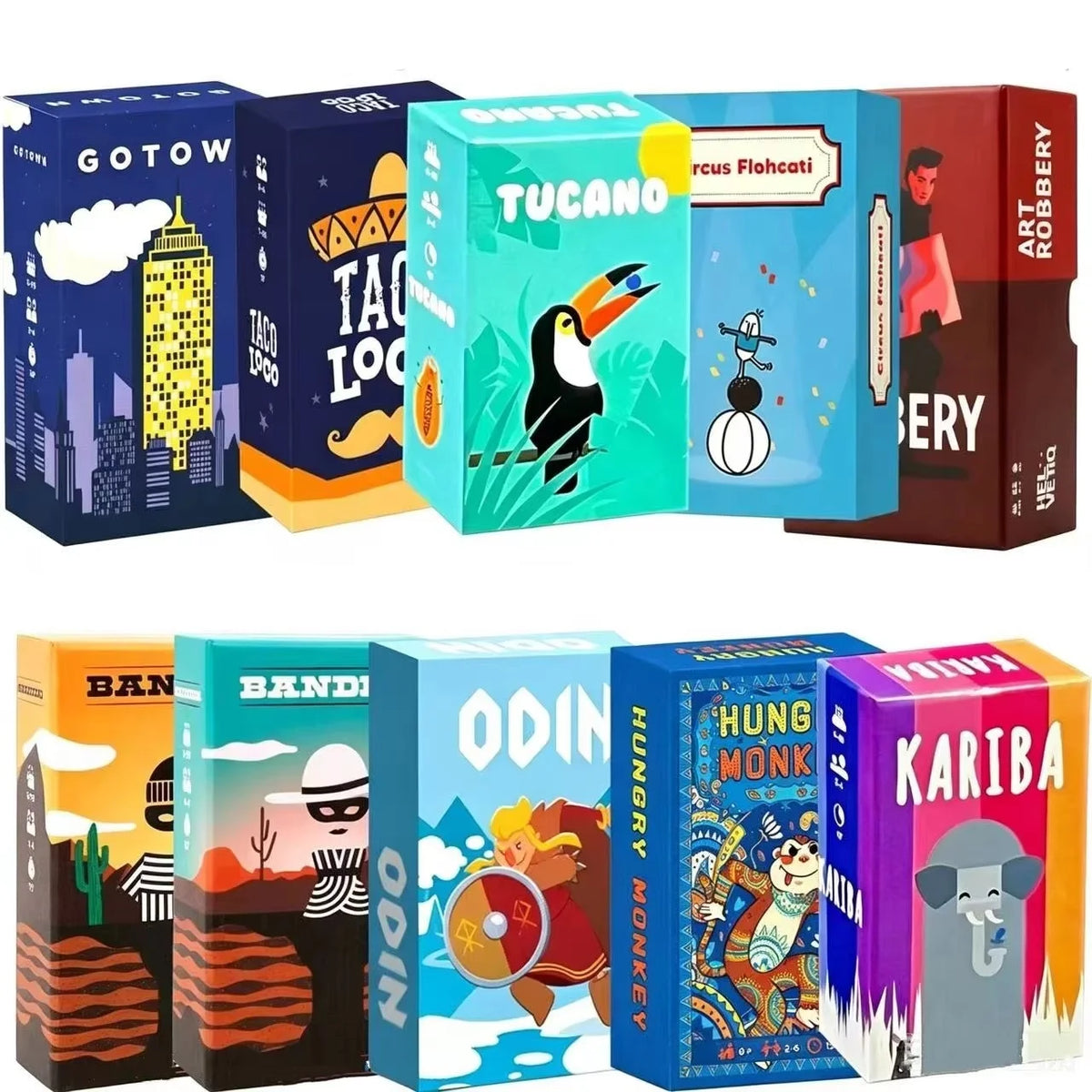 A collection of colorful box art for the Tucano card game featuring various illustrations and text.