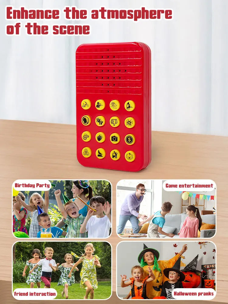A red button with 16 sound effect buttons is shown for parties and pranks.