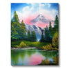 A vibrant landscape painting featuring a majestic pink-hued mountain reflected in calm water surrounded by lush green evergre
