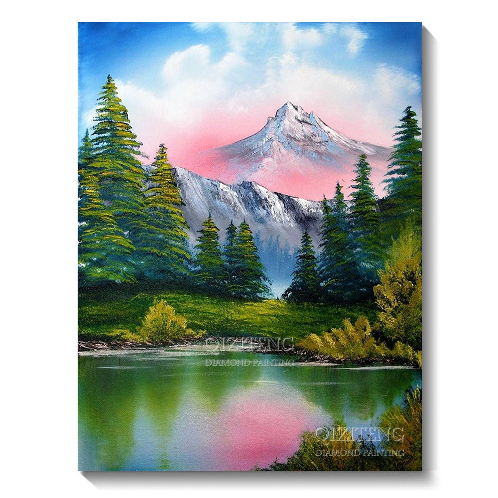 A vibrant landscape painting featuring a majestic pink-hued mountain reflected in calm water surrounded by lush green evergre