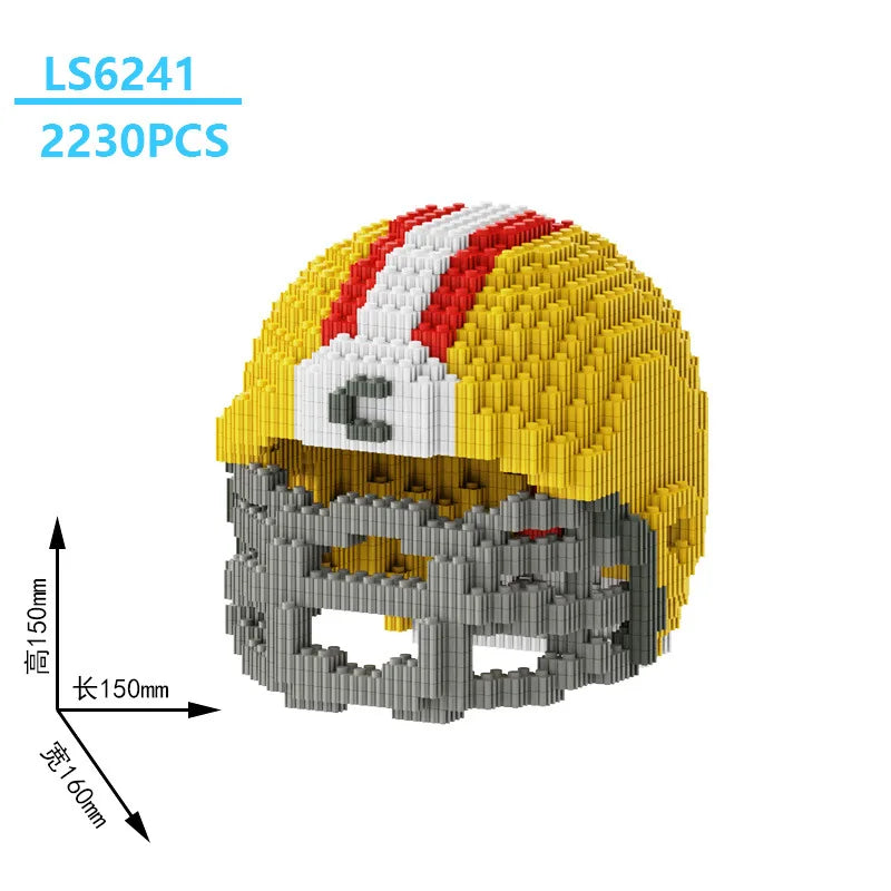 A yellow and white penguin-shaped building block toy with gray feet, shown from above.