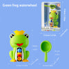 A green frog waterwheel bath toy featuring a frog figure and a green scoop.