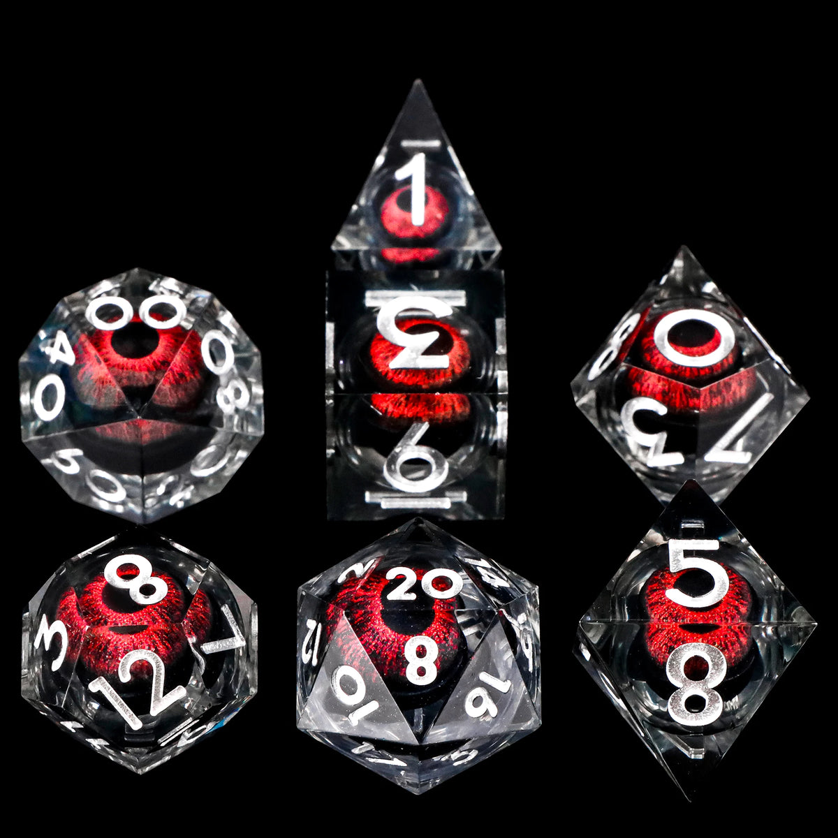 A collection of seven sharp edge resin dice in various shapes and angles, including a pyramid and a dodecahedron.