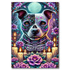 A detailed illustration of a dog's face with intricate purple and teal patterns, surrounded by flowers and a full moon.