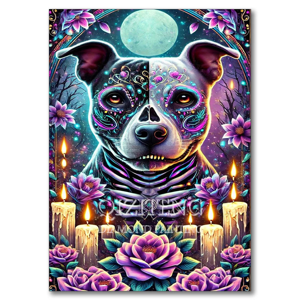 A detailed illustration of a dog's face with intricate purple and teal patterns, surrounded by flowers and a full moon.