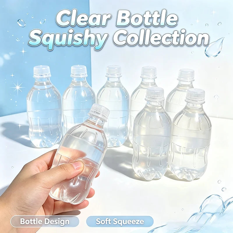 A hand holds a clear plastic water bottle squishy toy collection against a light blue background.