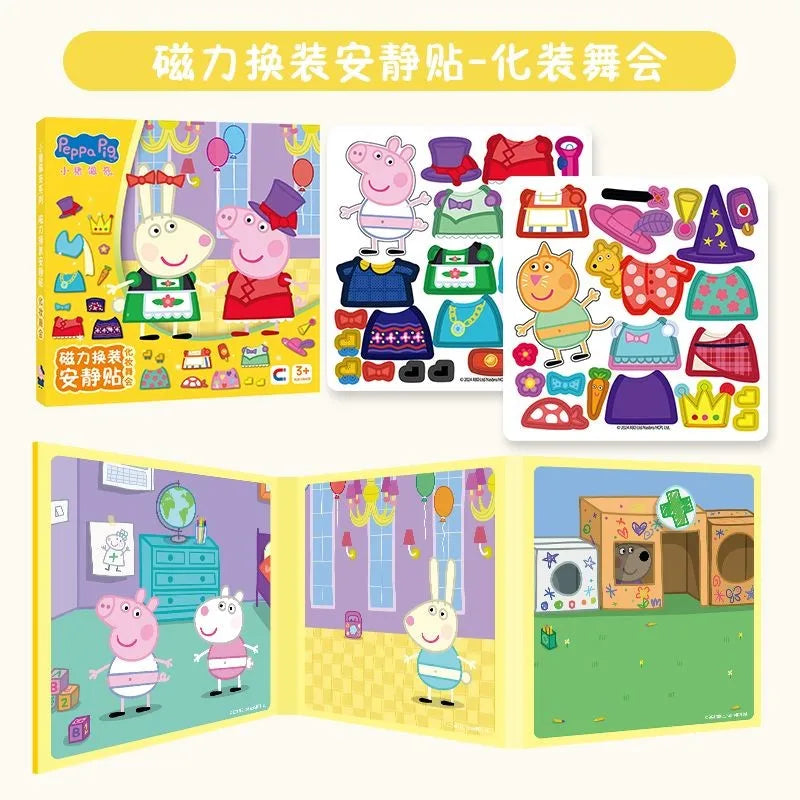 A set of Peppa Pig magnetic dress-up and craft items including characters, accessories, and a travel book.