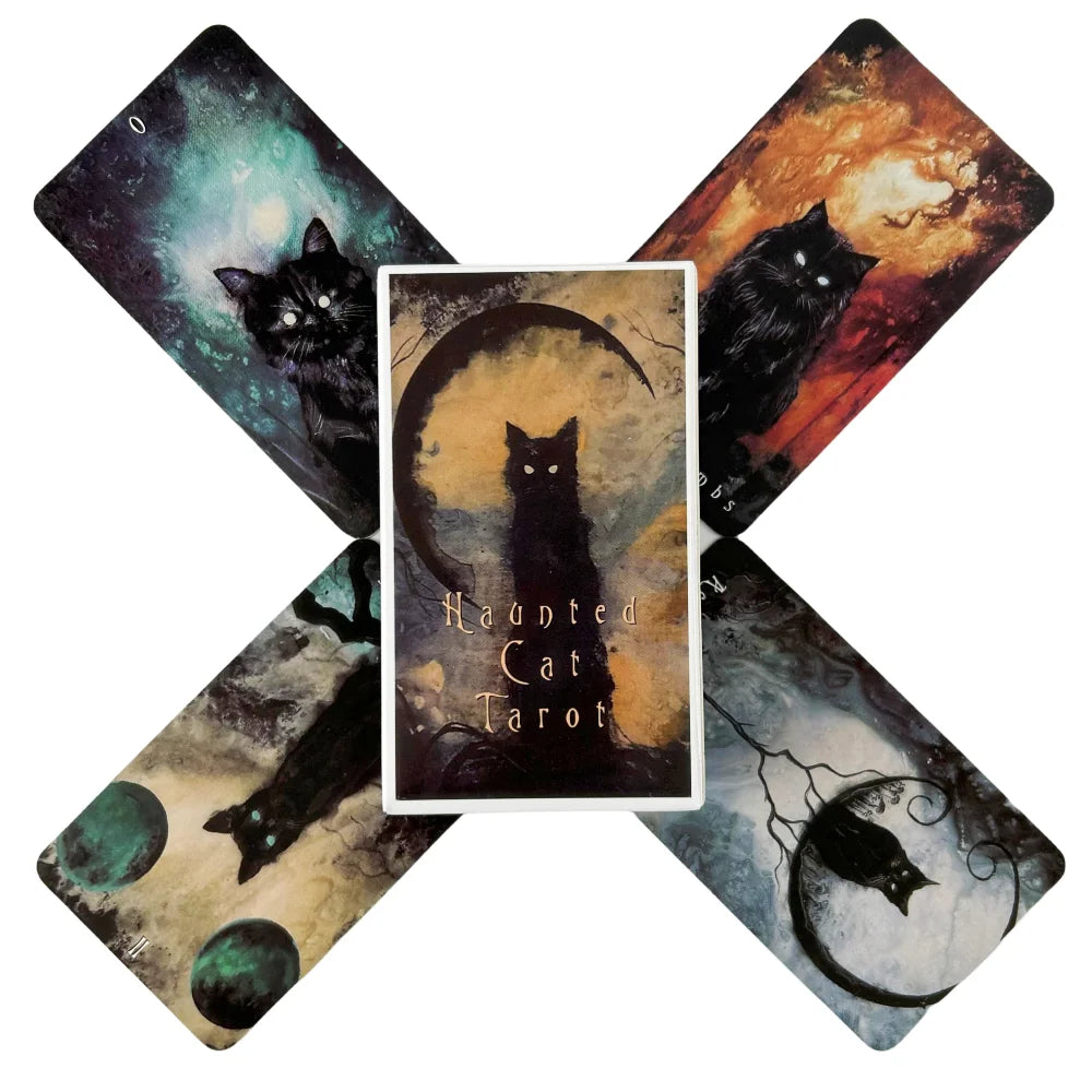 A spread of five tarot cards featuring a haunted cat motif, including a central card and surrounding cards.