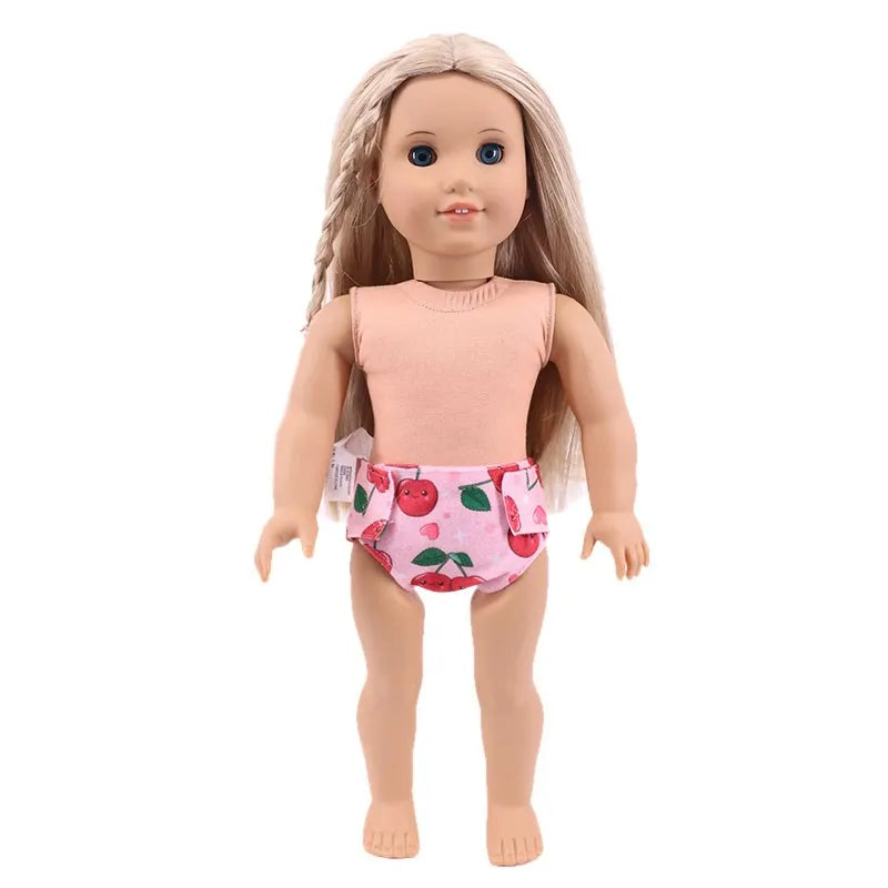 A soft doll wearing pink undershirt and pink floral underwear.