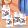 White bottle of Puzzle Glue with colorful puzzle pieces and a light orange background