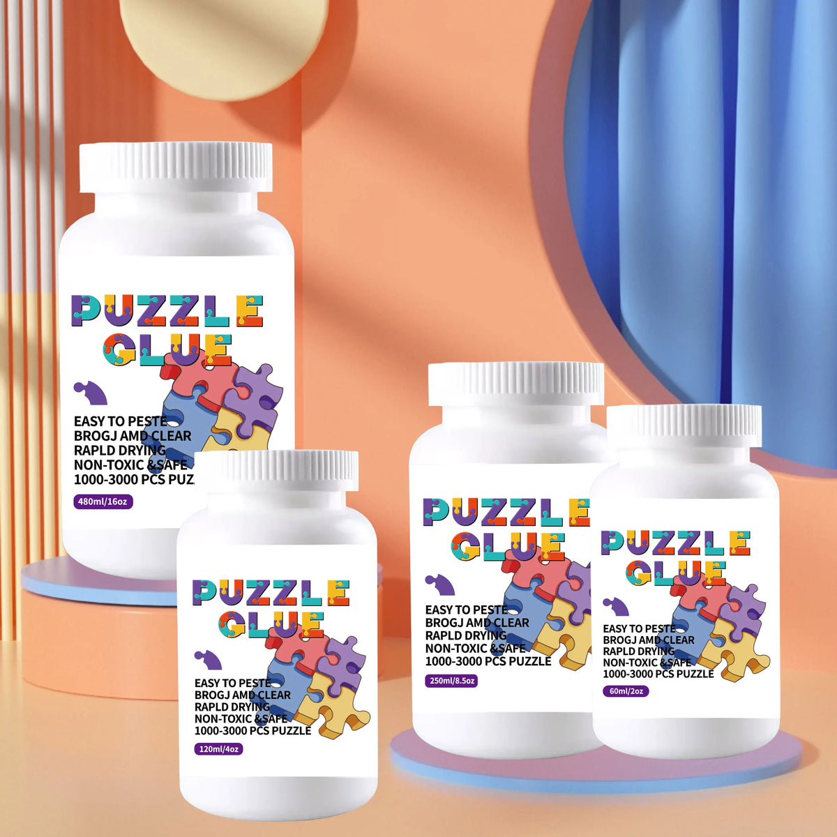 White bottle of Puzzle Glue with colorful puzzle pieces and a light orange background