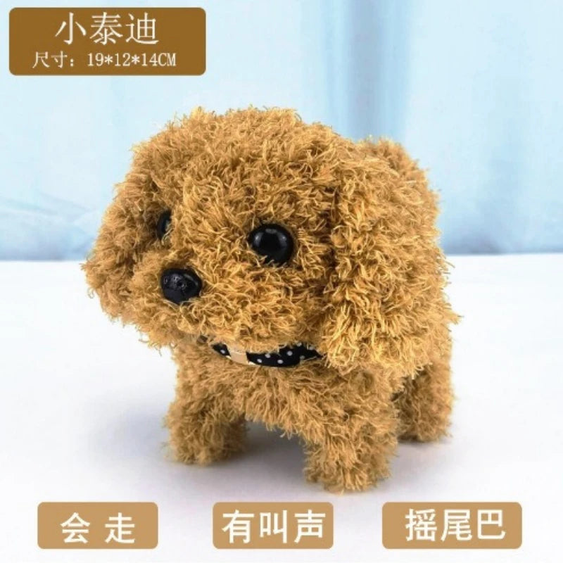 A fluffy brown plush toy resembling a dog, designed for interactive play with walking and barking motions.