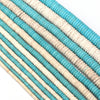 A close-up of multiple strands of natural turquoise stone beads in varying shades of blue and white.